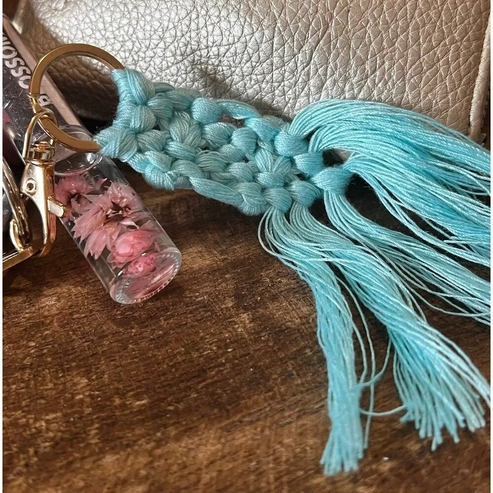 Teal Macrame Tassel Keychain Boho Bag Charm Purse Clip Handmade NWT